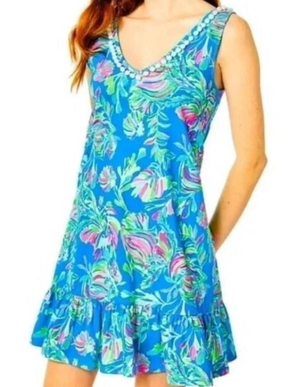 Lilly Pulitzer Sleeveless Camilla Swing Dress Blue Flare Fancy Fins Size XS